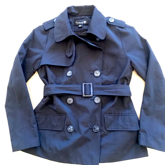 Navy Poplin Double Breasted Trench Coat Jacket - Picture 2 of 12